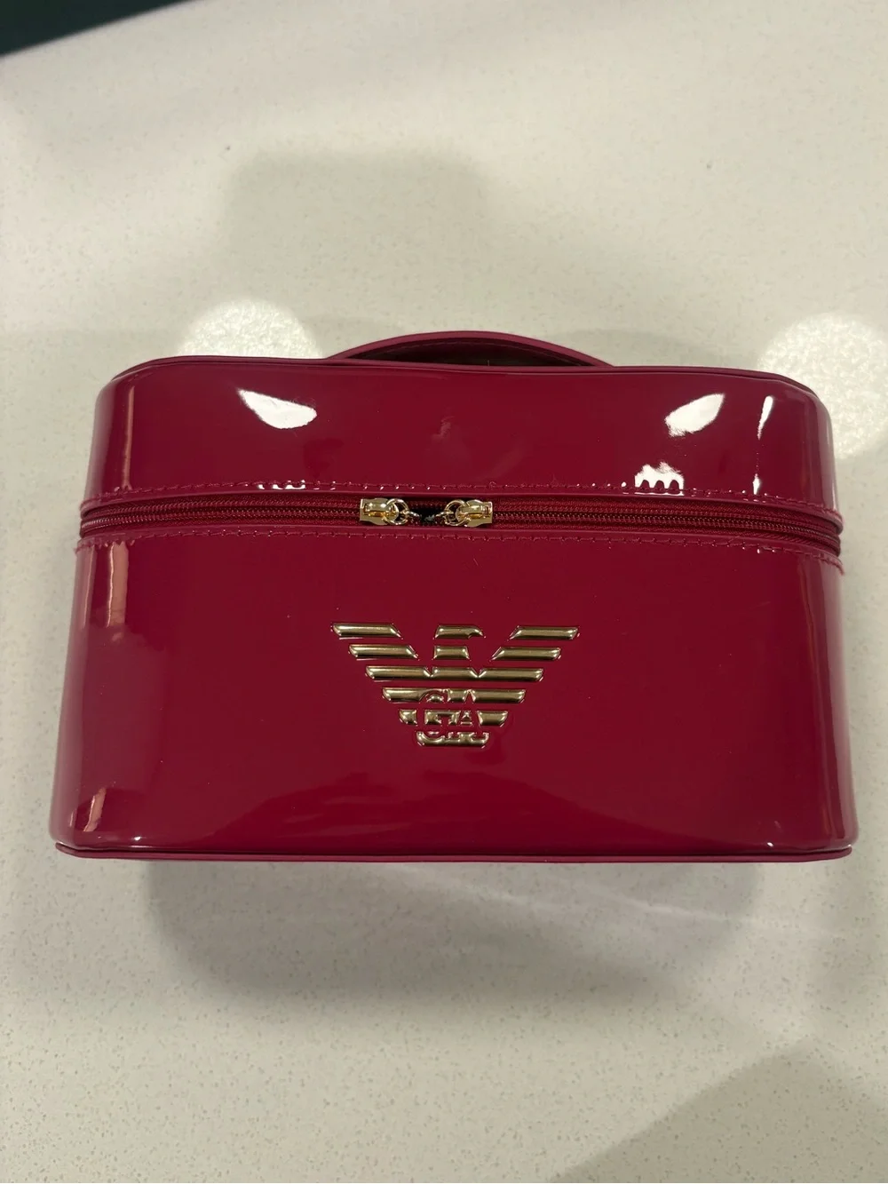 Emporio Armani Patent Fuchsia Cosmetic Case with Gold Logo